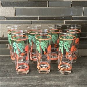 Vintage 70s Tropical Palm Tree Highball Glasses Set - Orange and Green